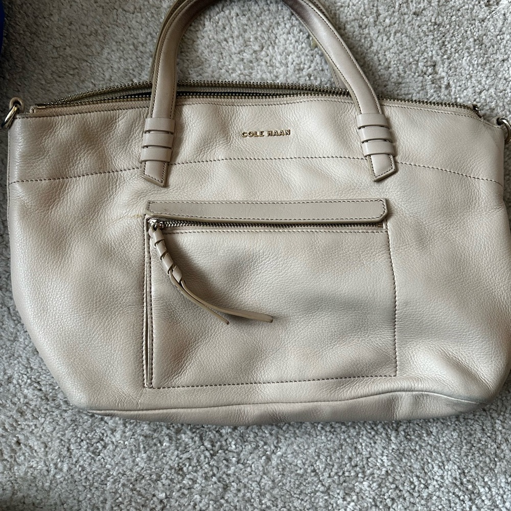 Cole Haan Beige Leather Tote with Front Zip Pocket
